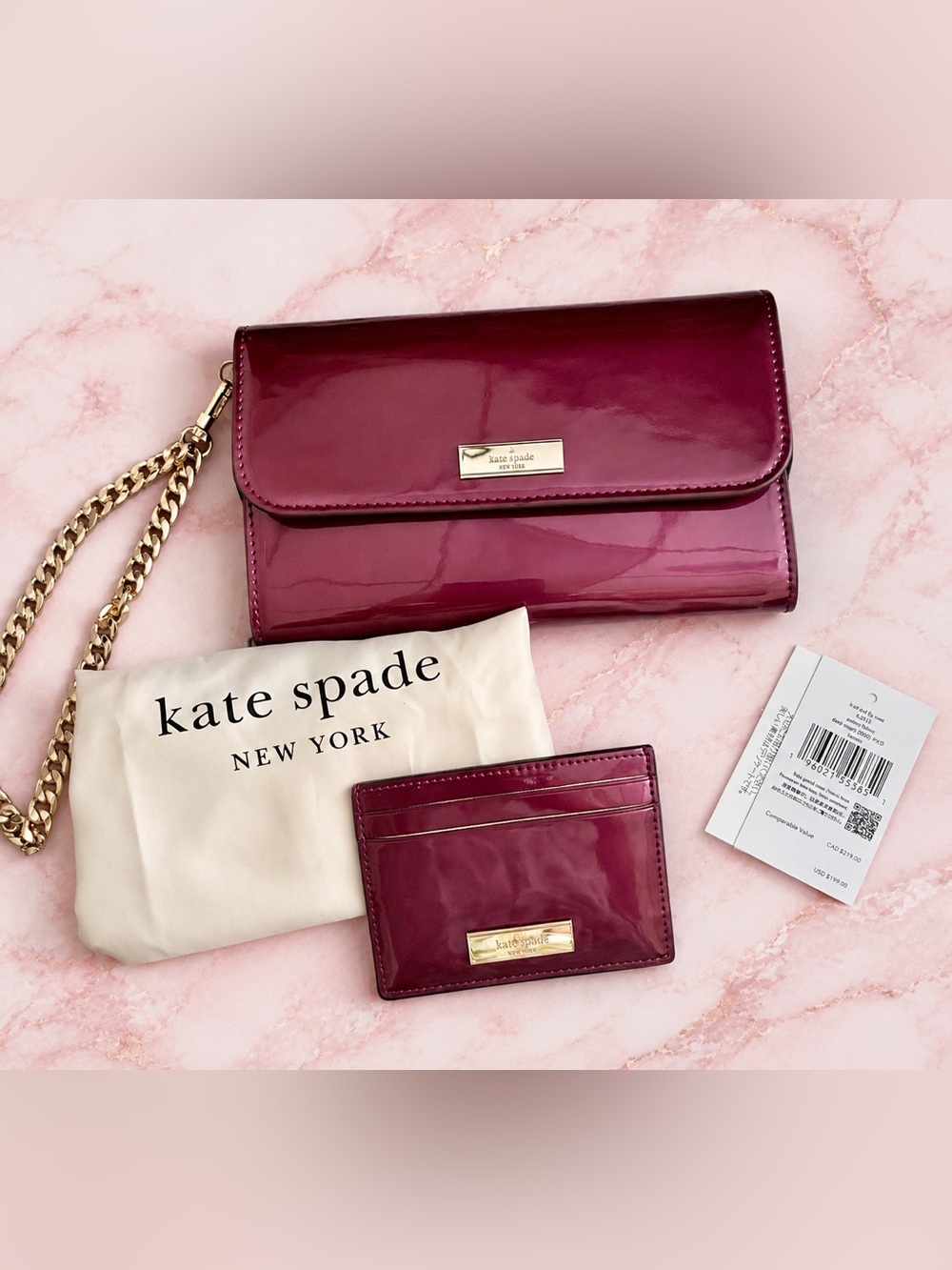 Kate Spade Kenzie Patent Wallet & Card Holder Set Plum Metallic